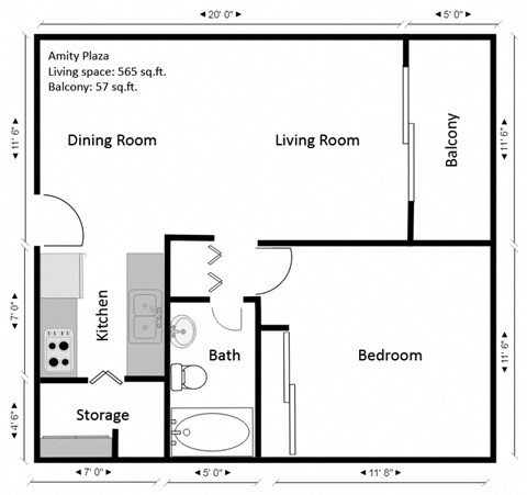 Floor plan for 1 bed, 1 bath