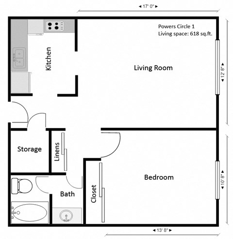 Floor plan for 1 bed, 1 bath, 618 sqft