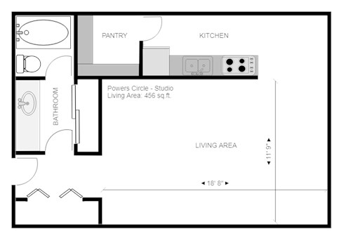 Floor plan for studio, 1 bath, 465 sqft