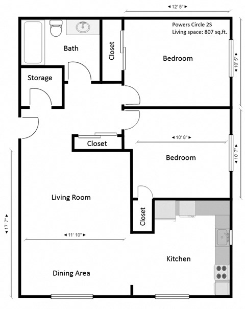 Floor plan for 2 beds, 1 bath, 836 sqft