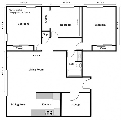 Floor plan for 3 beds, 1 bath, 1035 sqft