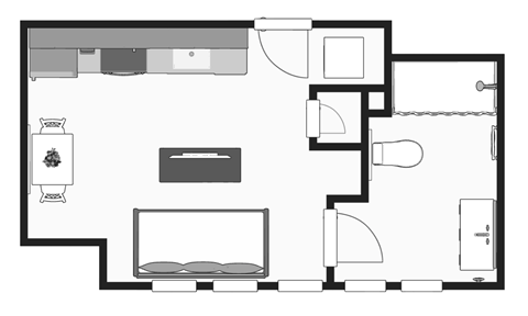 Floor plan for studio, 1 bath, 407 sqft