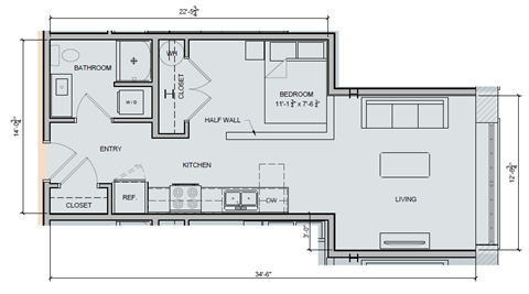 Floor plan for 1 bed, 1 bath, 516 sqft