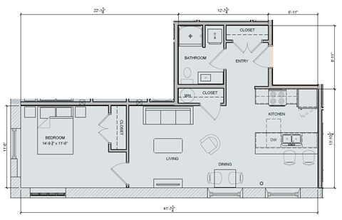 Floor plan for 1 bed, 1 bath, 703 sqft