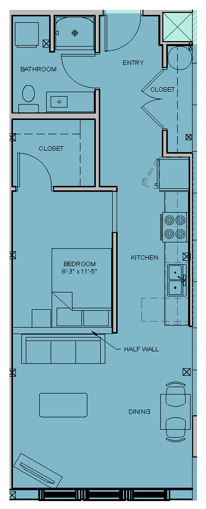 Floor plan for 1 bed, 1 bath, 643 sqft