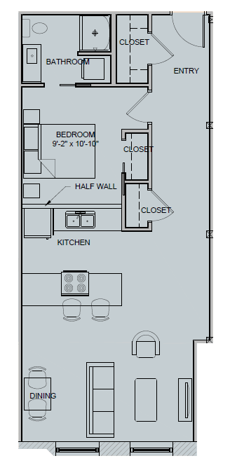 Floor plan for 1 bed, 1 bath, 726 sqft