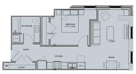Floor plan for 1 bed, 1 bath, 662 sqft
