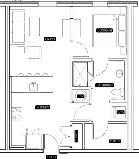 Floor plan for 1 bed, 1 bath, 718 sqft