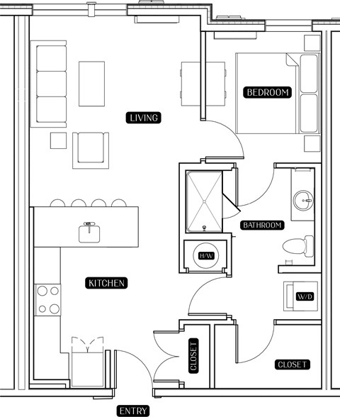 Floor plan for 1 bed, 1 bath, 719 sqft