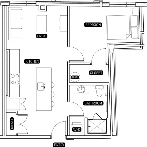 Floor plan for 1 bed, 1 bath, 620 sqft