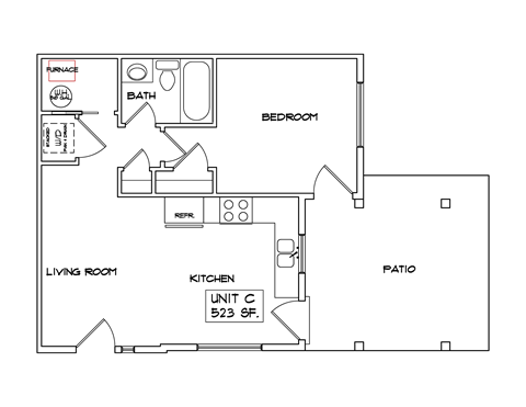 Floor plan for 1 bed, 1 bath, 523 sqft