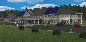 Fairport apartment for rent - a rendering of a large building with solar panels on the roof