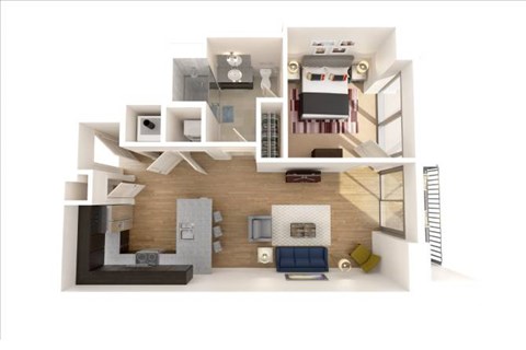 Floor plan for 1 bed, 1 bath, 679 sqft
