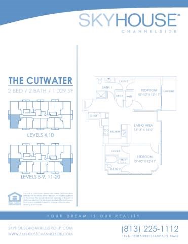 Floor plan for 2 beds, 2 baths, 1029 sqft