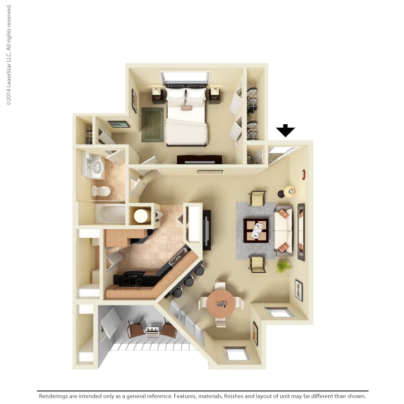 Floor plan for 1 bed, 1 bath, 817 sqft