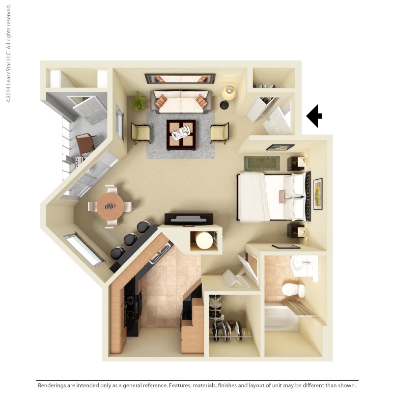 Floor plan for studio, 1 bath, 571 sqft