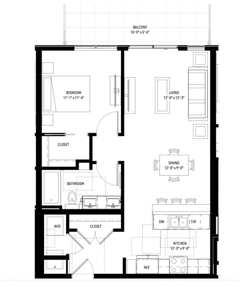 Floor plan for 1 bed, 1 bath, 780 sqft
