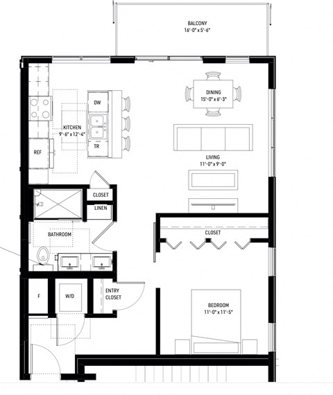 Floor plan for 1 bed, 1 bath, 780 sqft