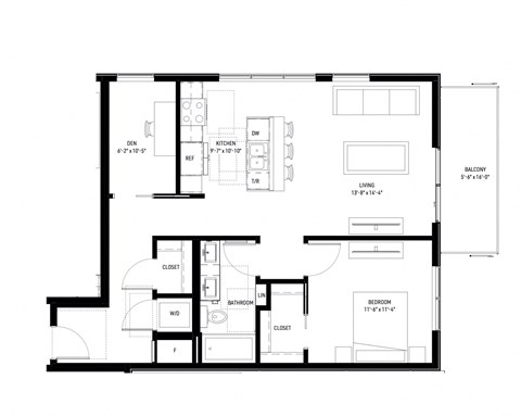Floor plan for 1 bed, 1 bath, 890 sqft