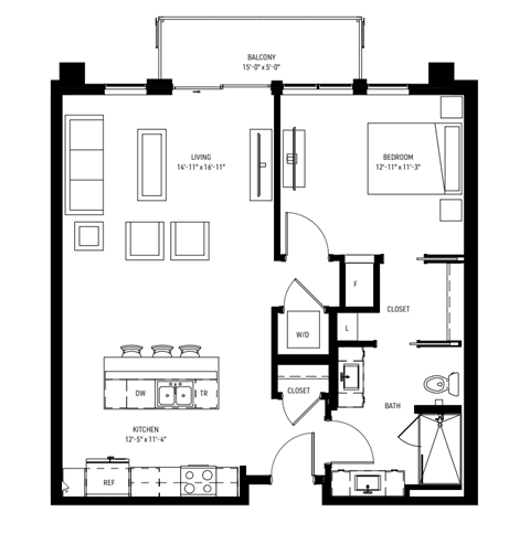 Floor plan for 1 bed, 1 bath, 860 sqft