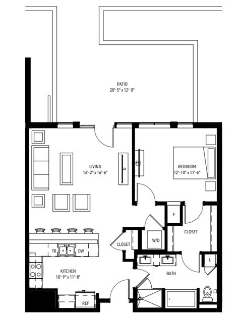 Floor plan for 1 bed, 1 bath, 880 sqft