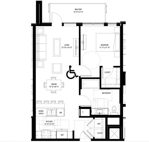 Floor plan for 1 bed, 1 bath, 765 sqft