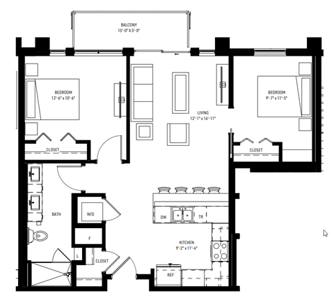 Floor plan for 2 beds, 1 bath, 900 sqft