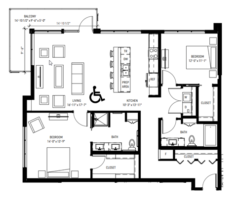 Floor plan for 2 beds, 2 baths, 1400 sqft