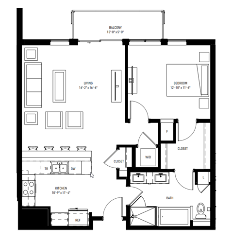 Floor plan for 1 bed, 1 bath, 880 sqft