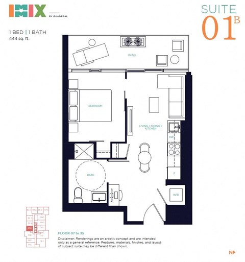 Floor plan for 1 bed, 1 bath, 445 sqft