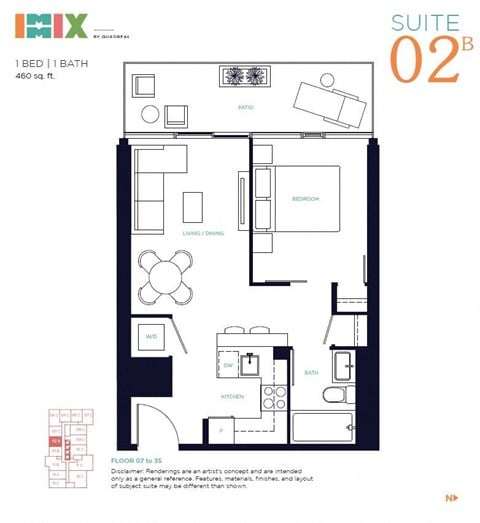 Floor plan for 1 bed, 1 bath, 460 sqft