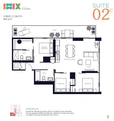 Floor plan for 3 beds, 2 baths, 965 sqft