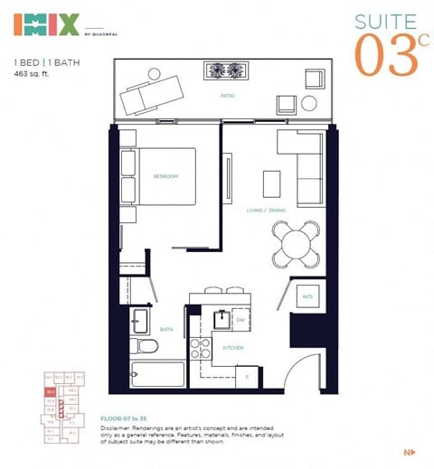 Floor plan for 1 bed, 1 bath, 463 sqft