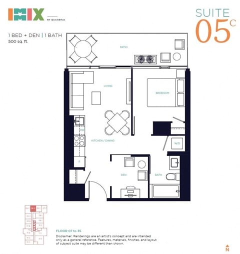 Floor plan for 1 bed, 1 bath, 500 sqft