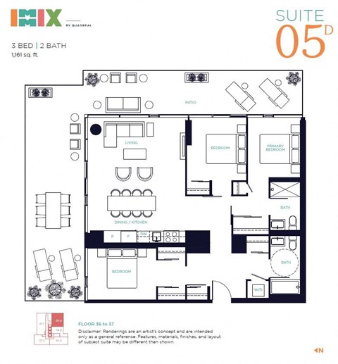 Floor plan for 3 beds, 2 baths, 1161 sqft