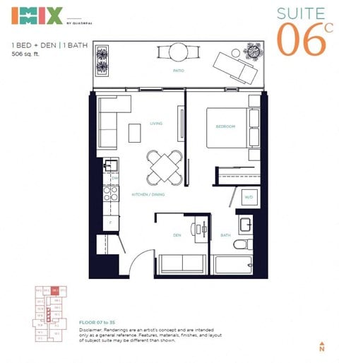 Floor plan for 1 bed, 1 bath, 506 sqft
