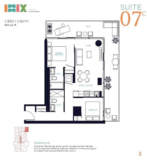 Floor plan for 2 beds, 2 baths, 664 sqft