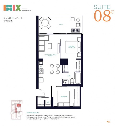 Floor plan for 2 beds, 1 bath, 610 sqft