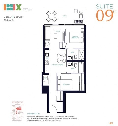 Floor plan for 2 beds, 2 baths, 693 sqft