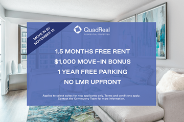 Brampton apartment for rent - A QuadReal Real Estate Properties advertisement offers 1.5 months free rent and $1,000 move-in bonus among other incentives.