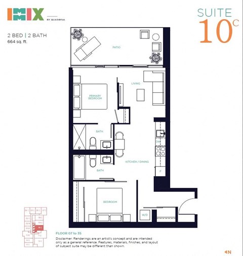 Floor plan for 2 beds, 2 baths, 664 sqft