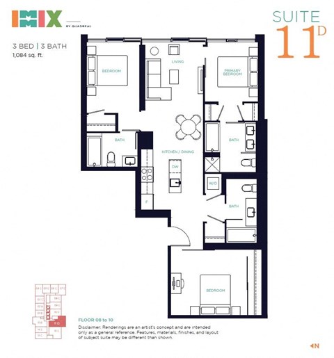 Floor plan for 3 beds, 3 baths, 1084 sqft