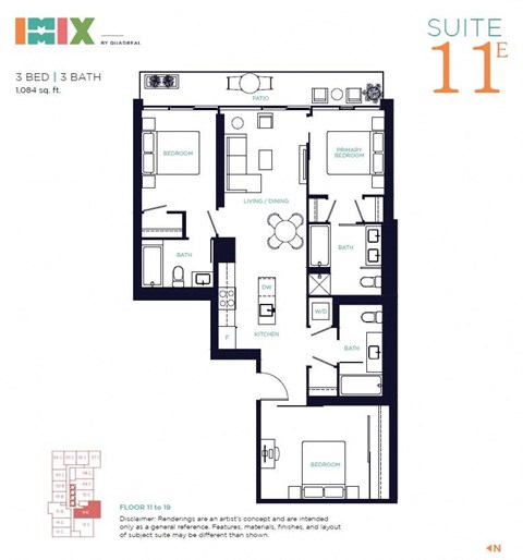 Floor plan for 3 beds, 3 baths, 1084 sqft