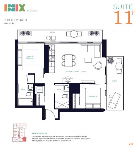Floor plan for 2 beds, 2 baths, 691 sqft