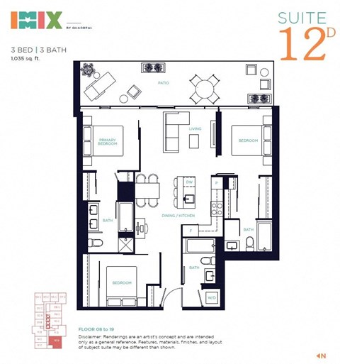 Floor plan for 3 beds, 3 baths, 1035 sqft