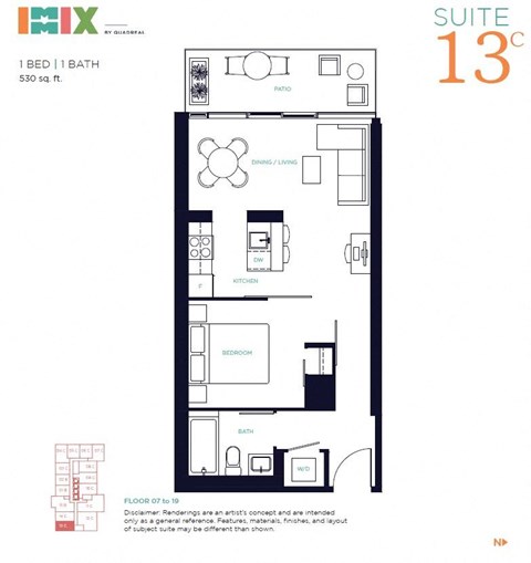 Floor plan for 1 bed, 1 bath, 530 sqft