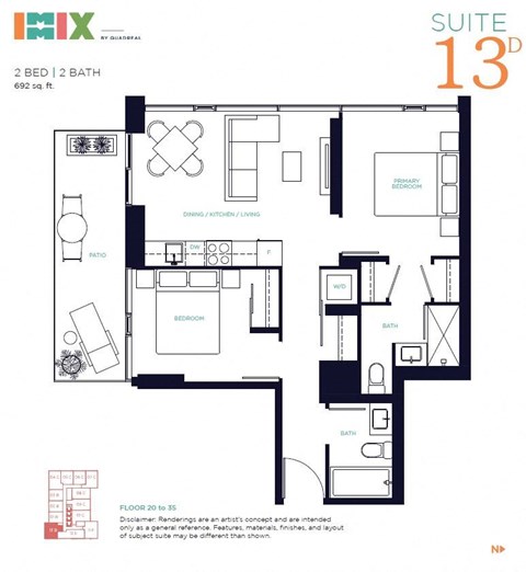 Floor plan for 2 beds, 2 baths, 692 sqft