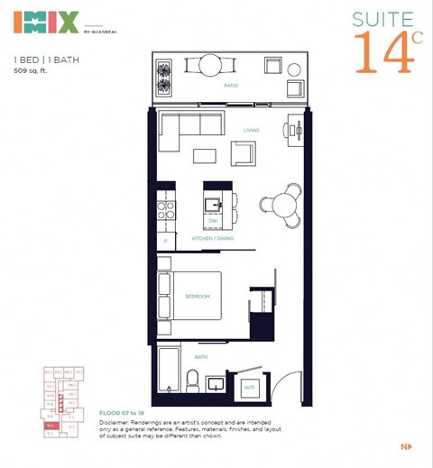 Floor plan for 1 bed, 1 bath, 509 sqft
