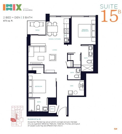 Floor plan for 2 beds, 3 baths, 873 sqft