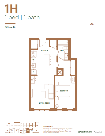 Floor plan for 1 bed, 1 bath, 665 sqft